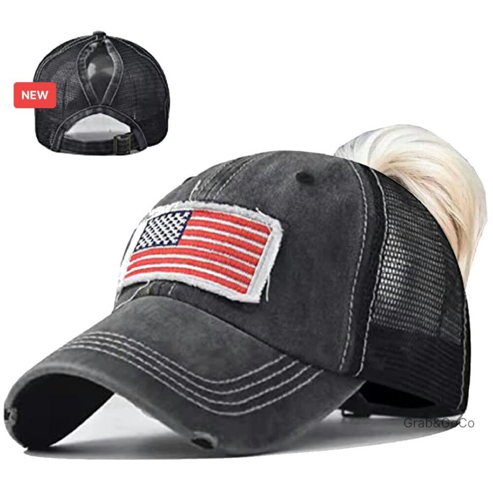Vintage Distressed Baseball Cap Ponytail Hole Adjustable Dad Hat Retro Style